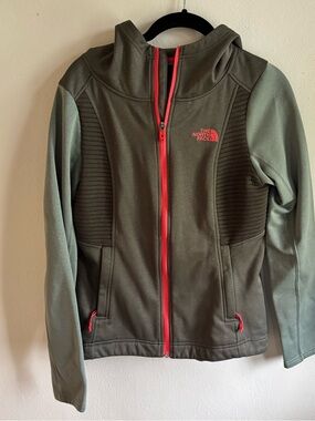 The North Face Hooded Jacket in Olive Green with Coral Trim